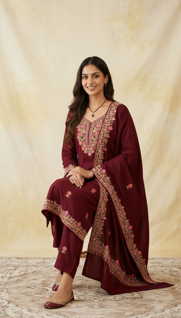 Fancy Pure Pashmina Woolen Embroidered Stitch Suit - Maroon  XL / HC002607 view 7