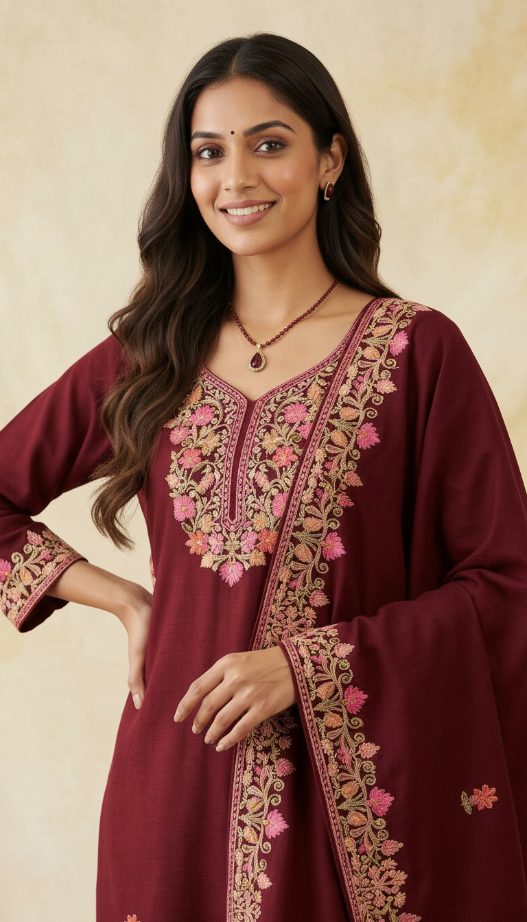 Fancy Pure Pashmina Woolen Embroidered Stitch Suit - Maroon  XL / HC002607 view 5