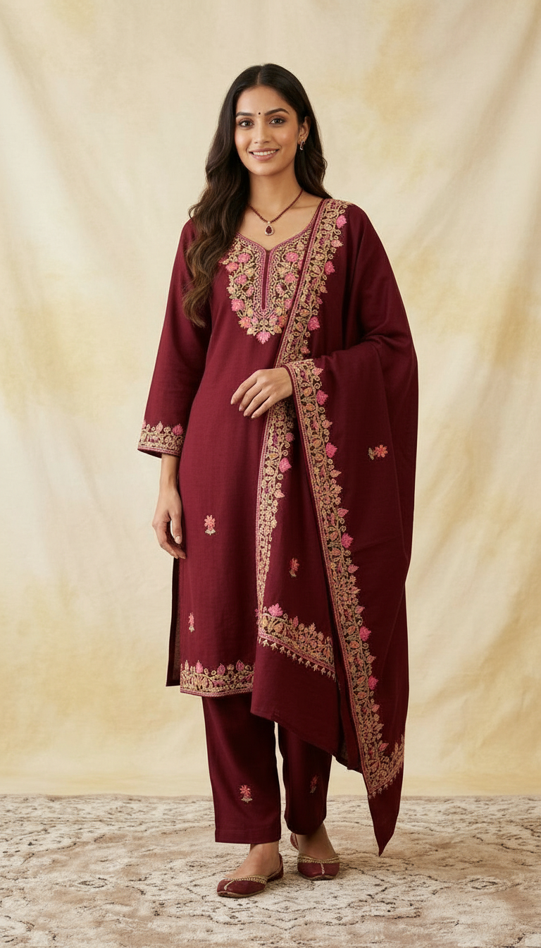 Fancy Pure Pashmina Woolen Embroidered Stitch Suit - Maroon  XL / HC002607 view 3
