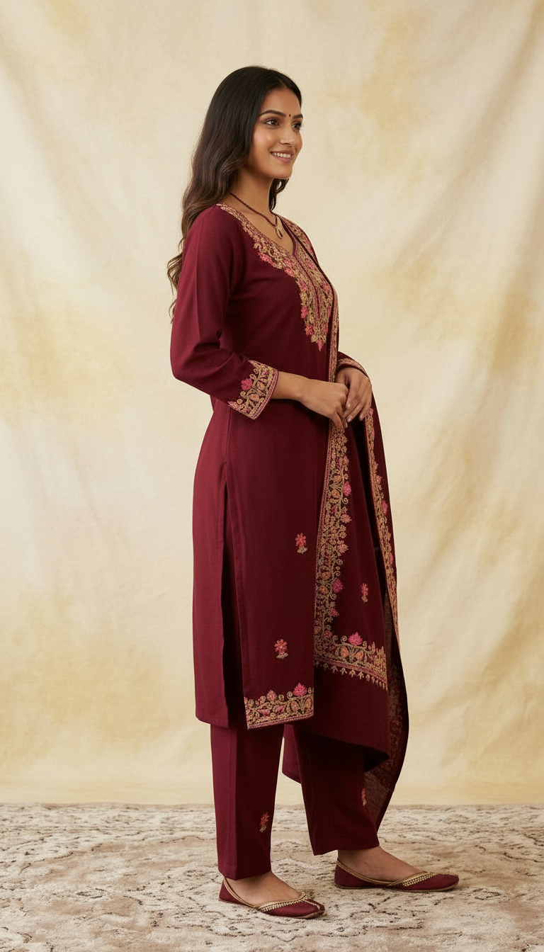 Fancy Pure Pashmina Woolen Embroidered Stitch Suit - Maroon  XL / HC002607 view 4