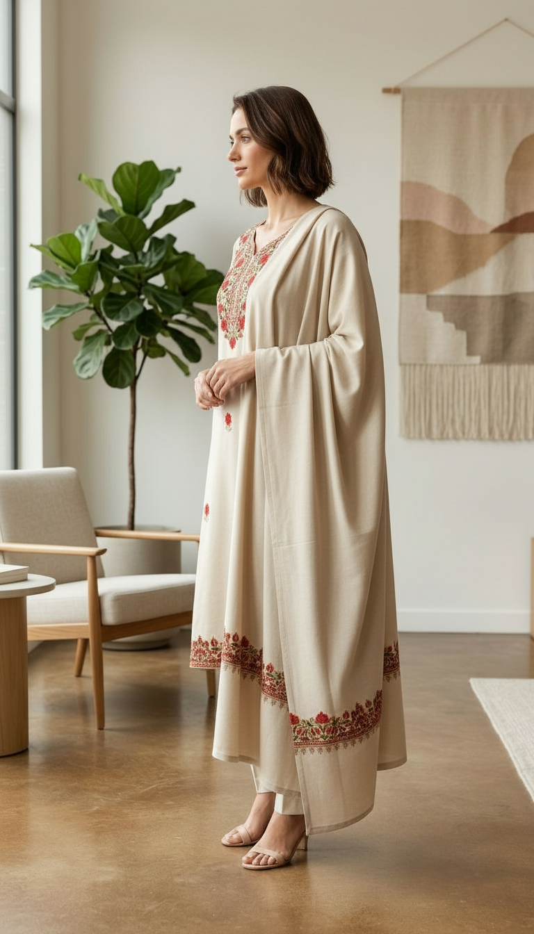 Fancy Pure Pashmina Woolen Embroidered Stitch Suit - Off White XL / HC002607 view 2