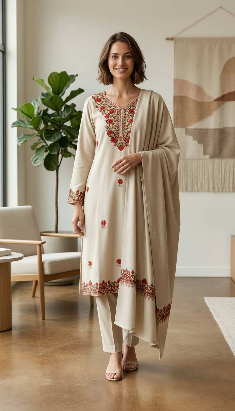 Fancy Pure Pashmina Woolen Embroidered Stitch Suit - Off White XL / HC002607 view 6