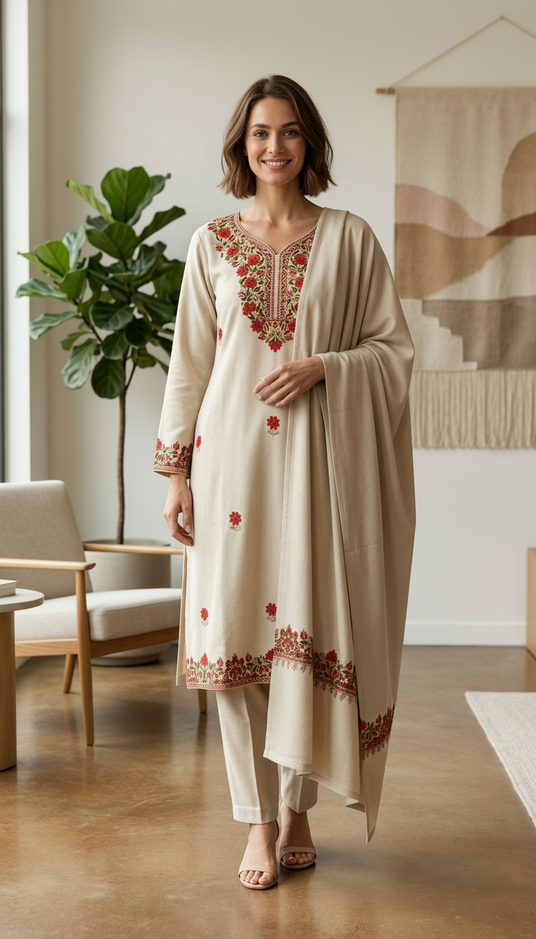 Fancy Pure Pashmina Woolen Embroidered Stitch Suit - Off White XL / HC002607 view 3