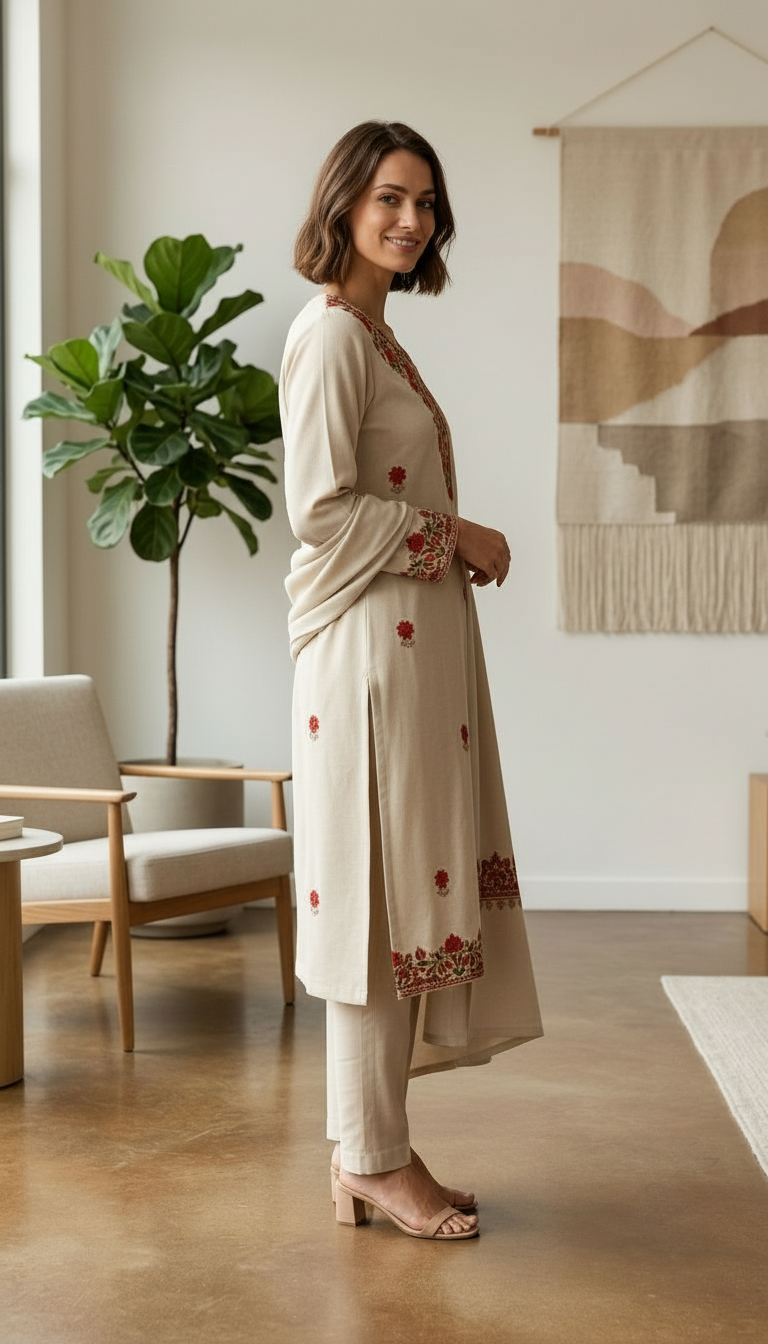 Fancy Pure Pashmina Woolen Embroidered Stitch Suit - Off White XL / HC002607 view 4