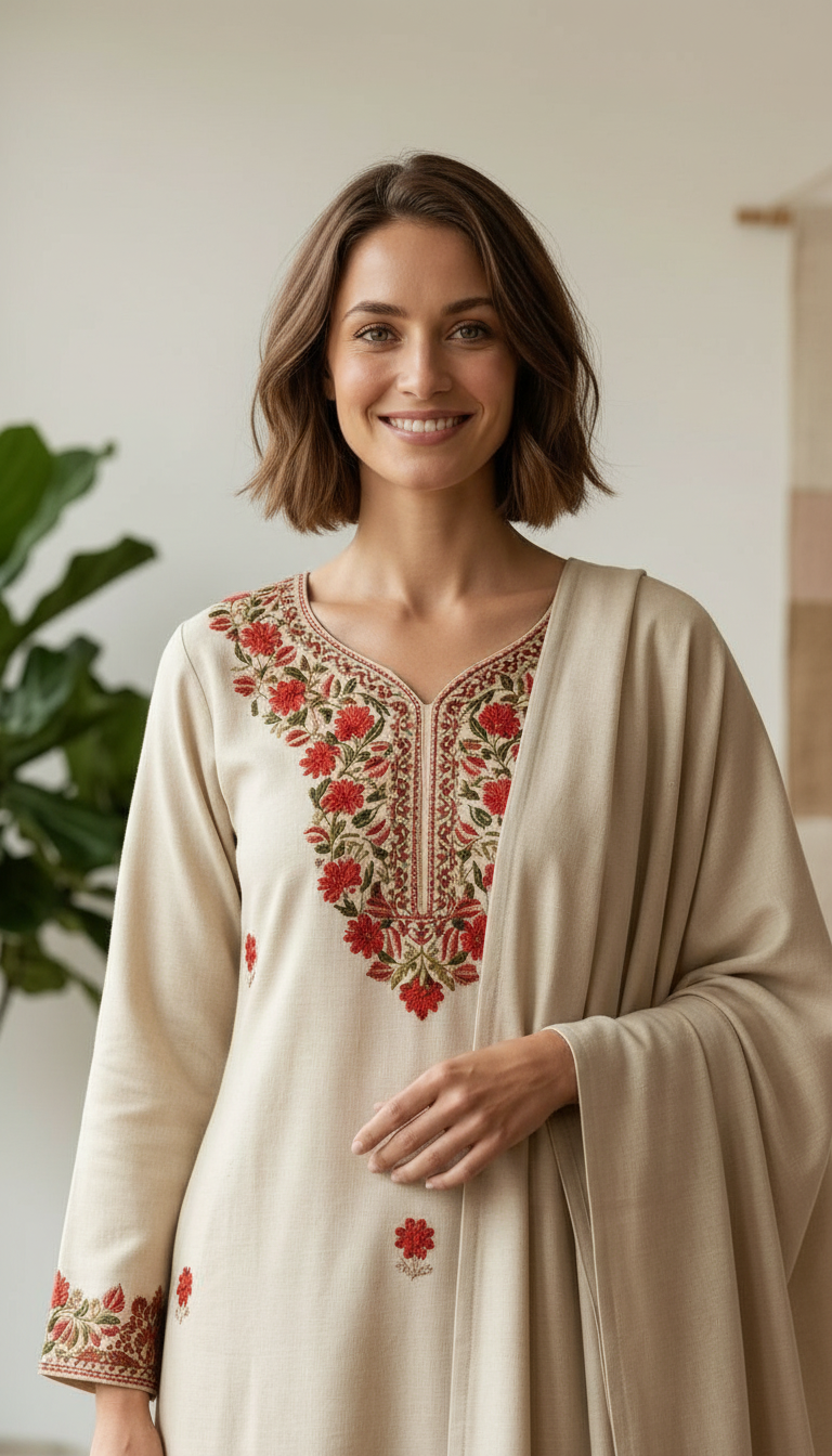 Fancy Pure Pashmina Woolen Embroidered Stitch Suit - Off White XL / HC002607 view 5