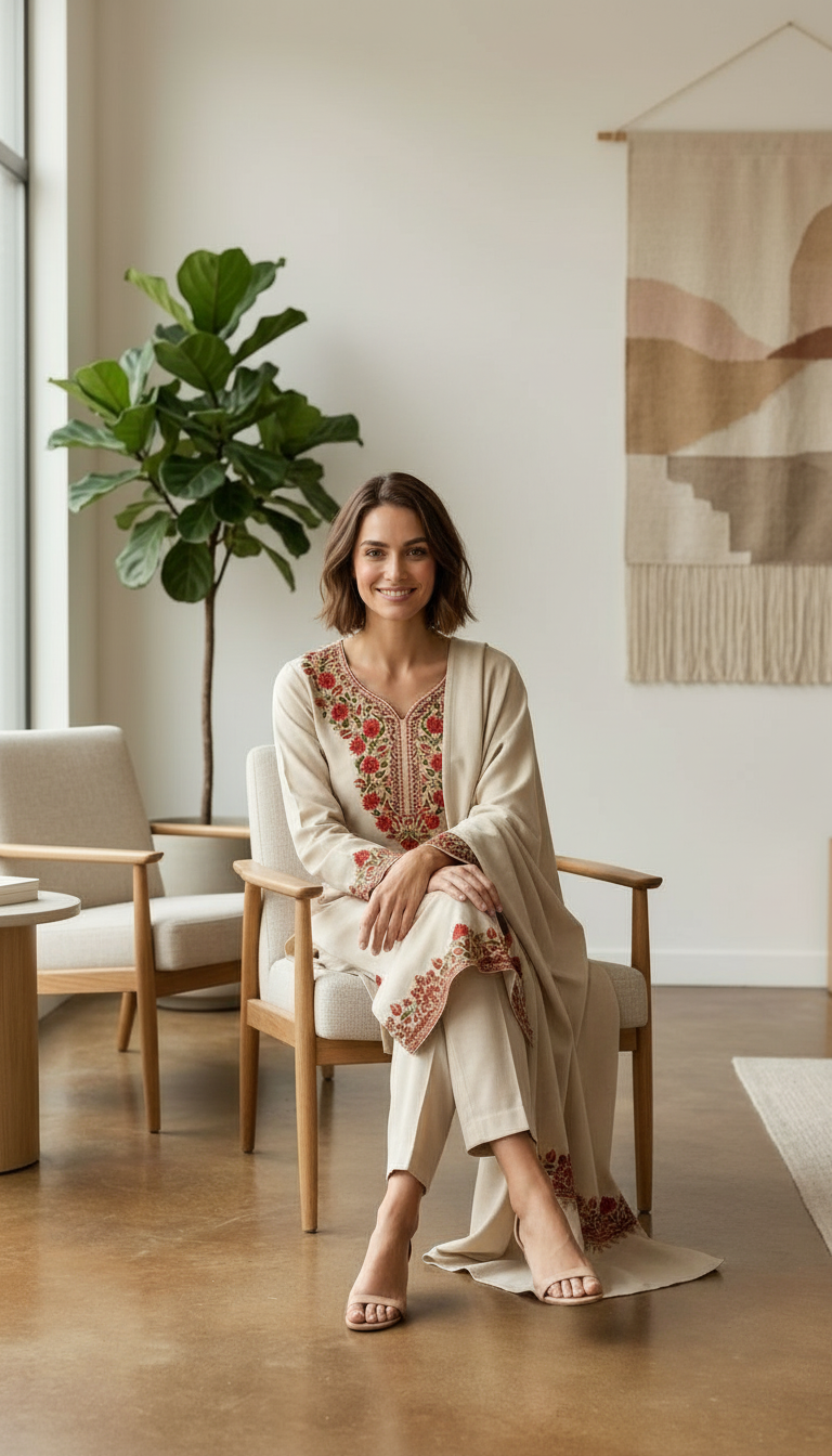 Fancy Pure Pashmina Woolen Embroidered Stitch Suit - Off White XL / HC002607 view 7