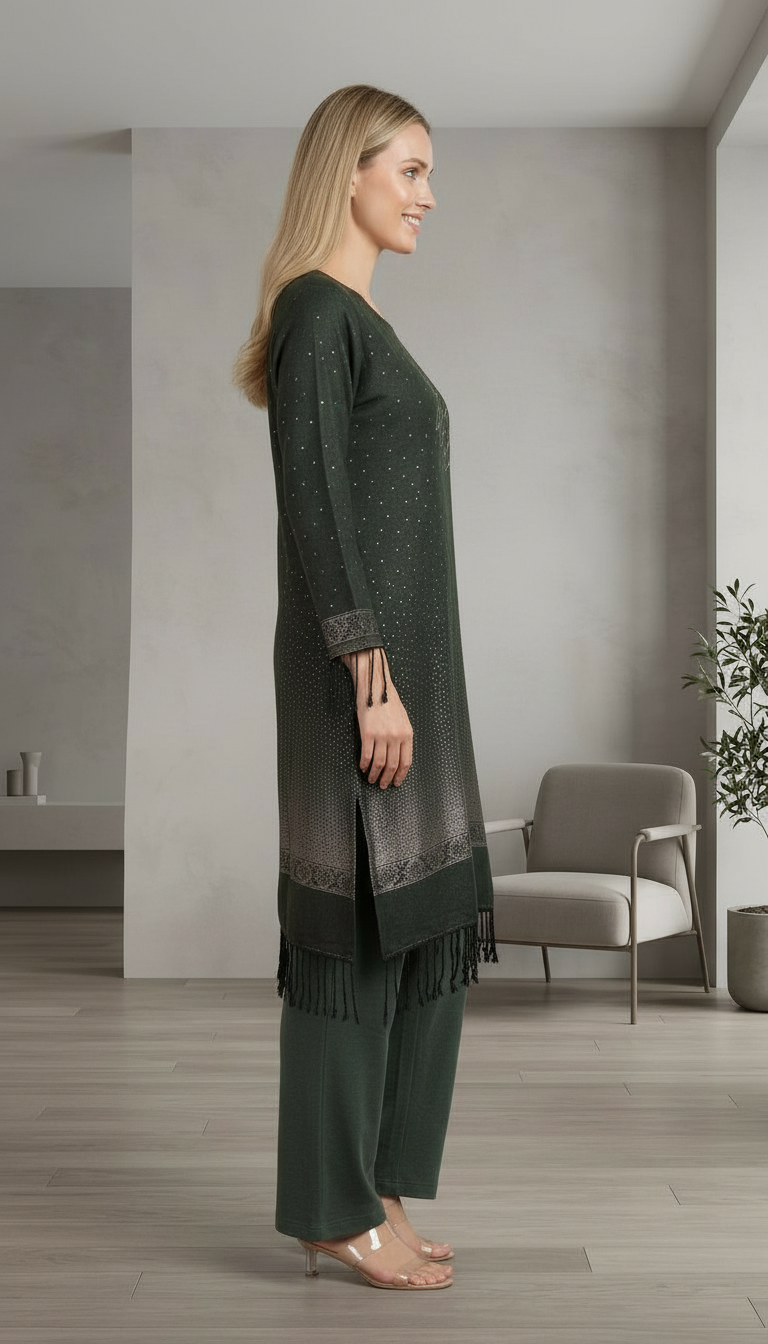 Pure Pashmina Woolen Jacquard Work Stylish Stitch Suit - Dark Green /HC002613 view 3