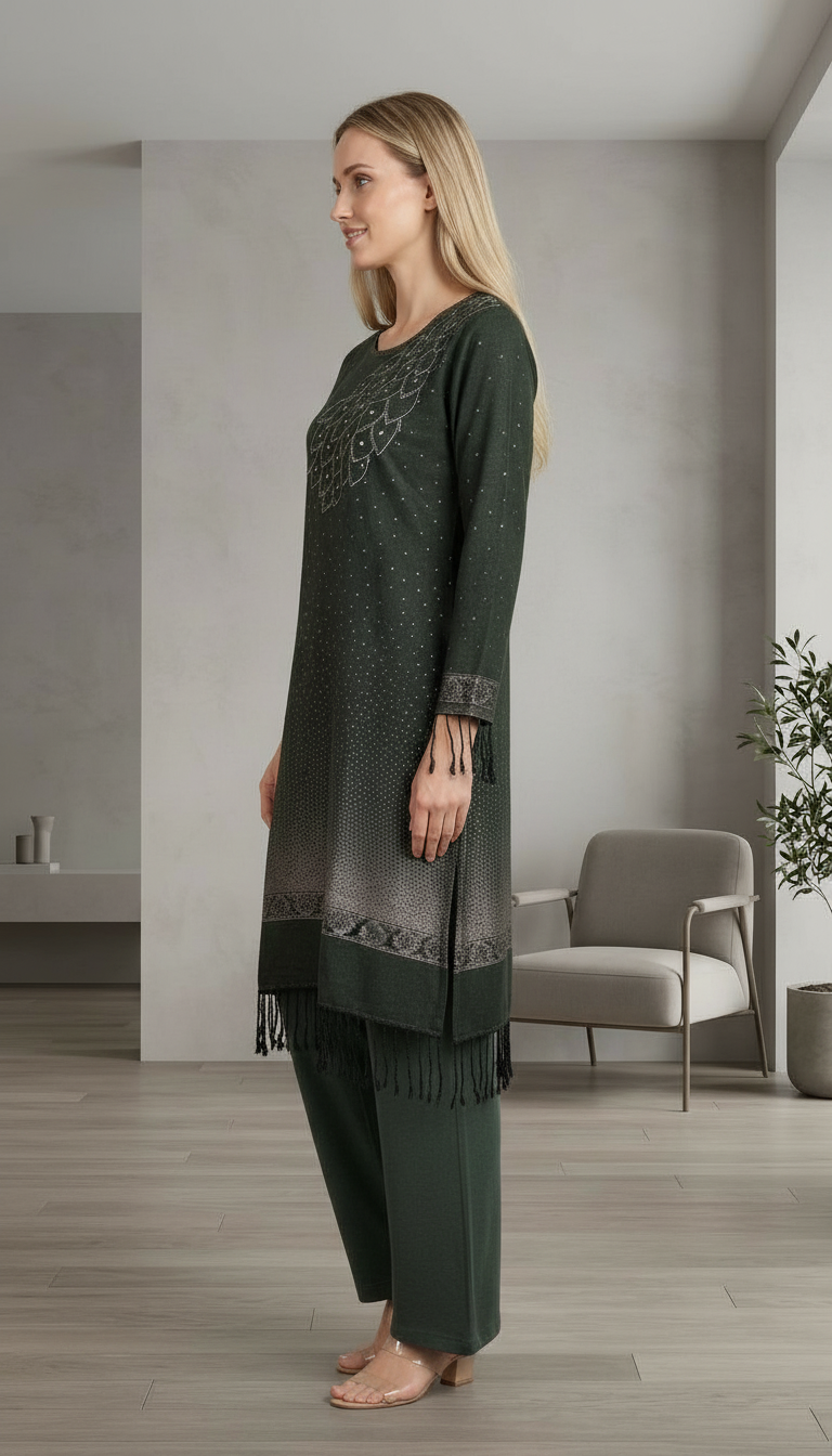 Pure Pashmina Woolen Jacquard Work Stylish Stitch Suit - Dark Green /HC002613 view 2
