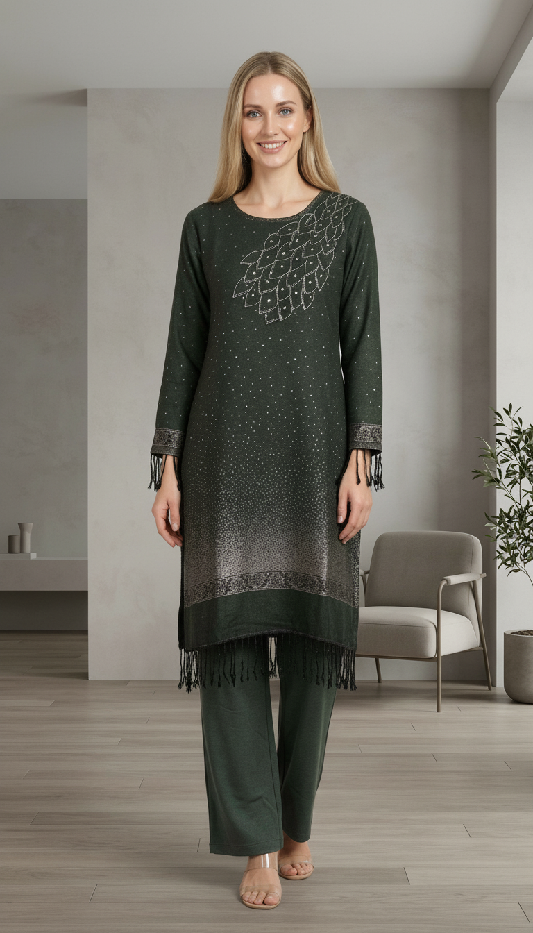 Pure Pashmina Woolen Jacquard Work Stylish Stitch Suit - Dark Green /HC002613 view 6