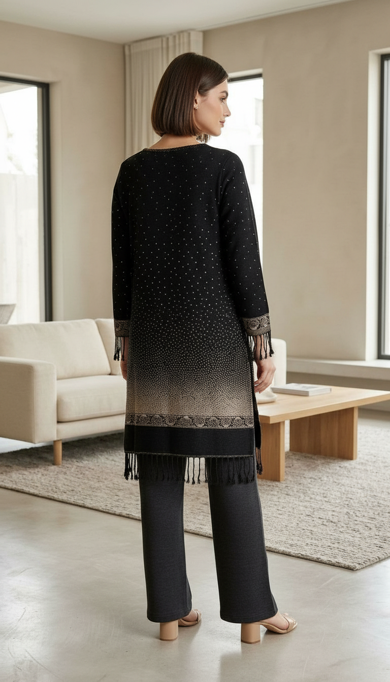 Stylish Pure Pashmina Woolen Jacquard Work Stitch Suit - Black XL / HC002613 view 5