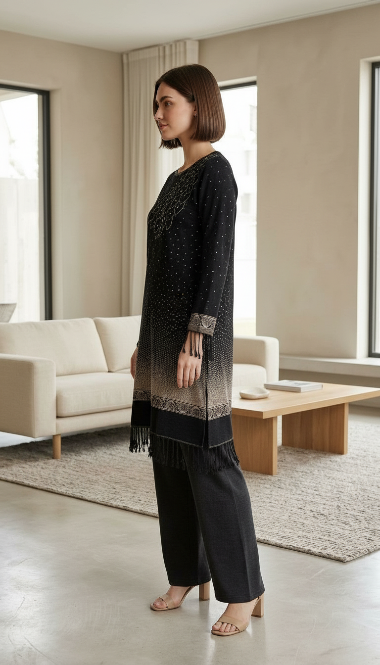Stylish Pure Pashmina Woolen Jacquard Work Stitch Suit - Black XL / HC002613 view 2
