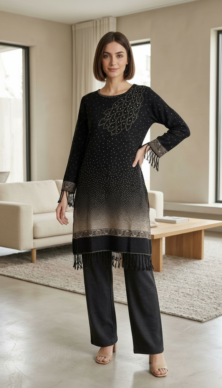 Stylish Pure Pashmina Woolen Jacquard Work Stitch Suit - Black XL / HC002613 view 7