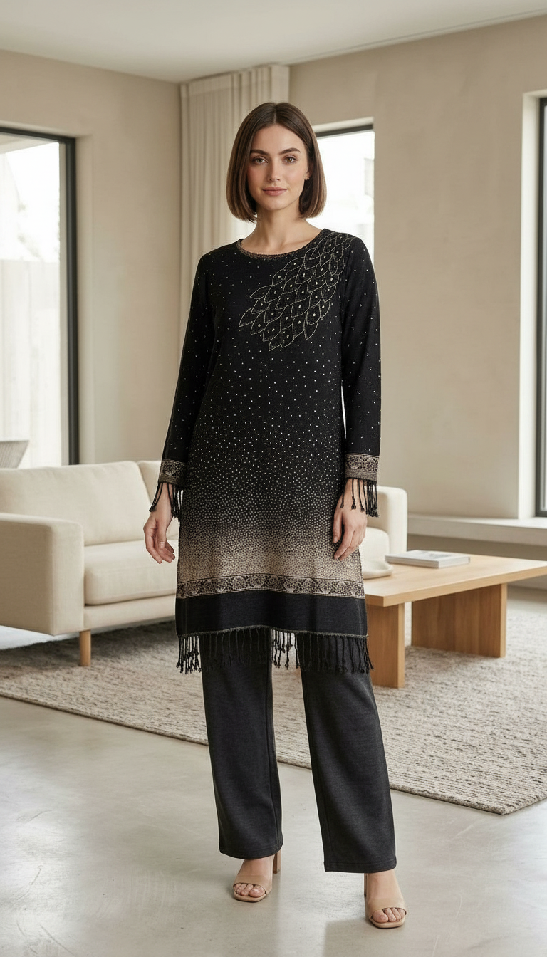 Stylish Pure Pashmina Woolen Jacquard Work Stitch Suit - Black XL / HC002613 view 3