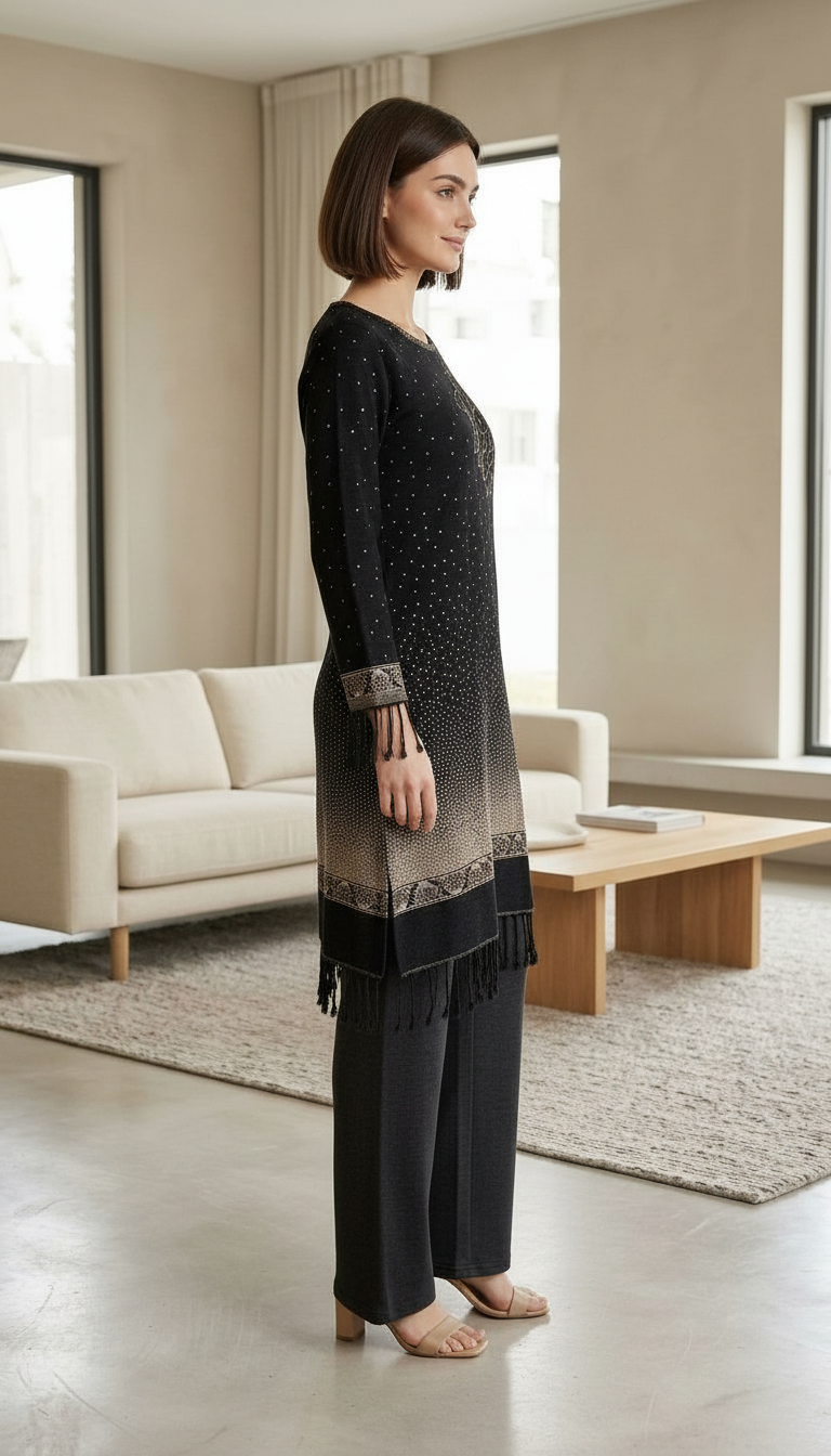 Stylish Pure Pashmina Woolen Jacquard Work Stitch Suit - Black XL / HC002613 view 4