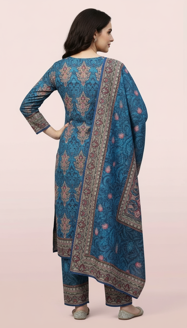Pure Woolen Soft & Warm Printed Stylish Stitch Suit - Blue L / HC002611 view 5