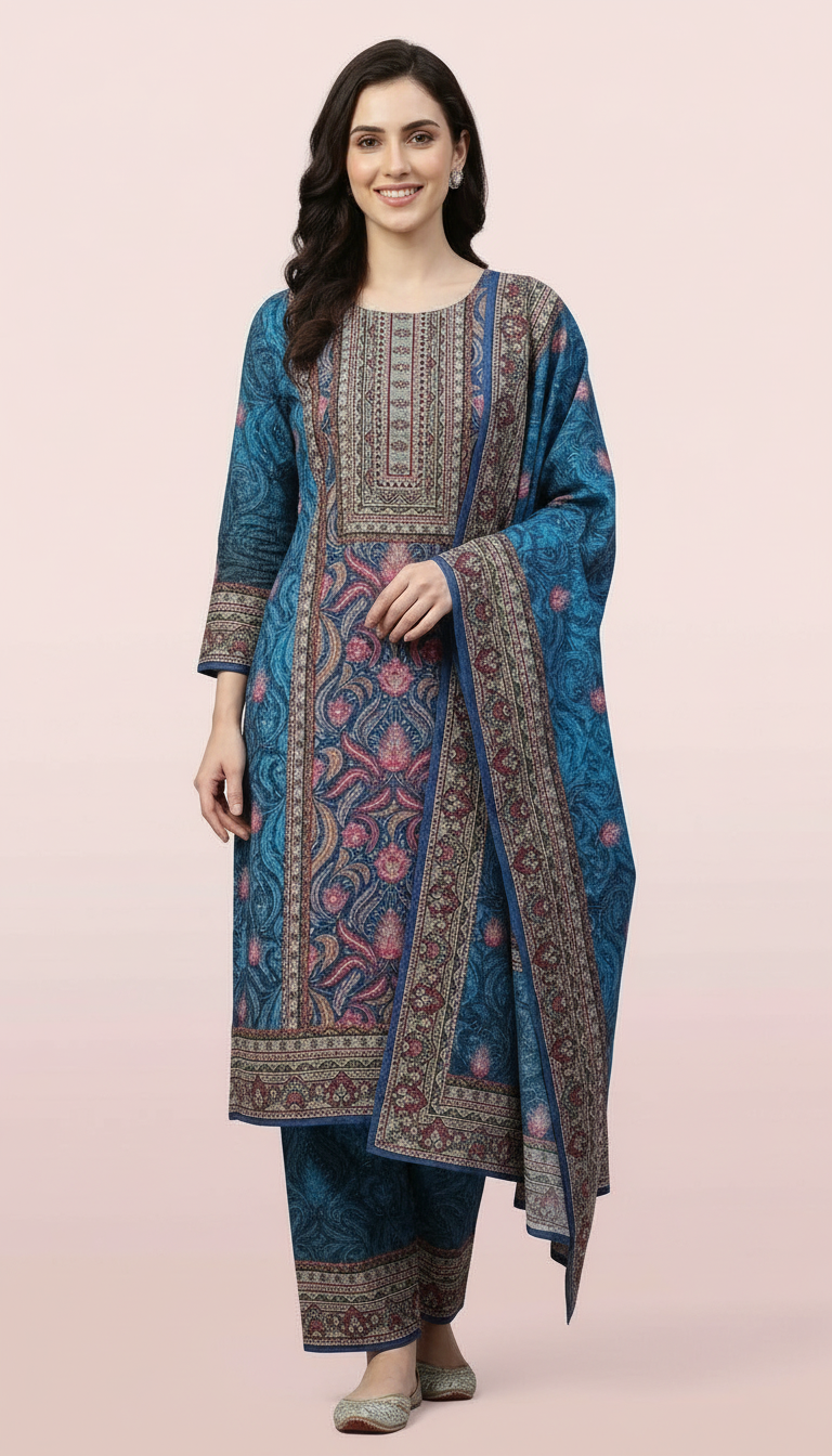 Pure Woolen Soft & Warm Printed Stylish Stitch Suit - Blue L / HC002611 view 3