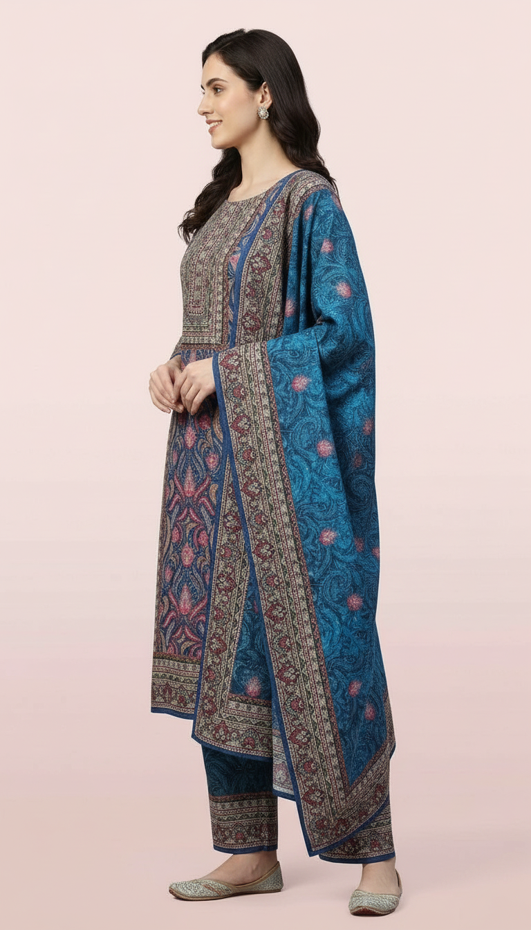 Pure Woolen Soft & Warm Printed Stylish Stitch Suit - Blue L / HC002611 view 2