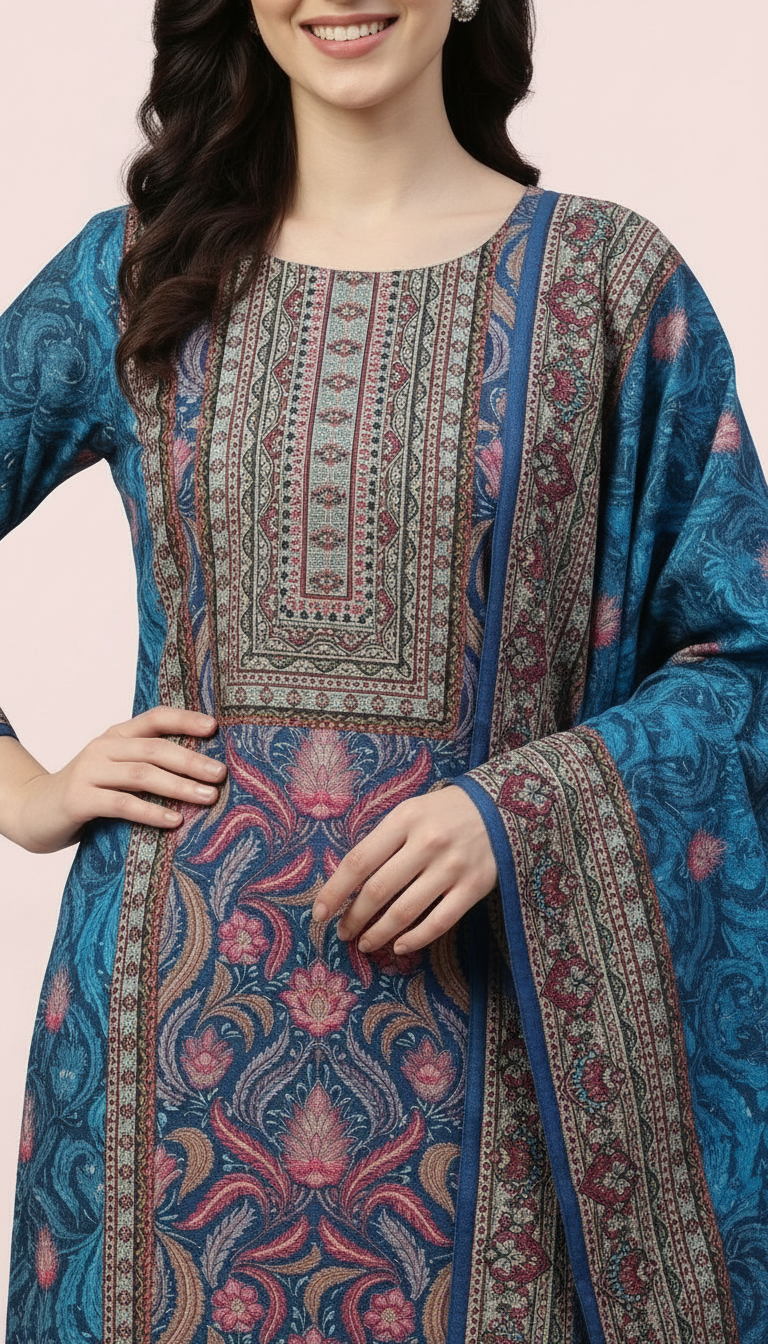 Pure Woolen Soft & Warm Printed Stylish Stitch Suit - Blue L / HC002611 view 6