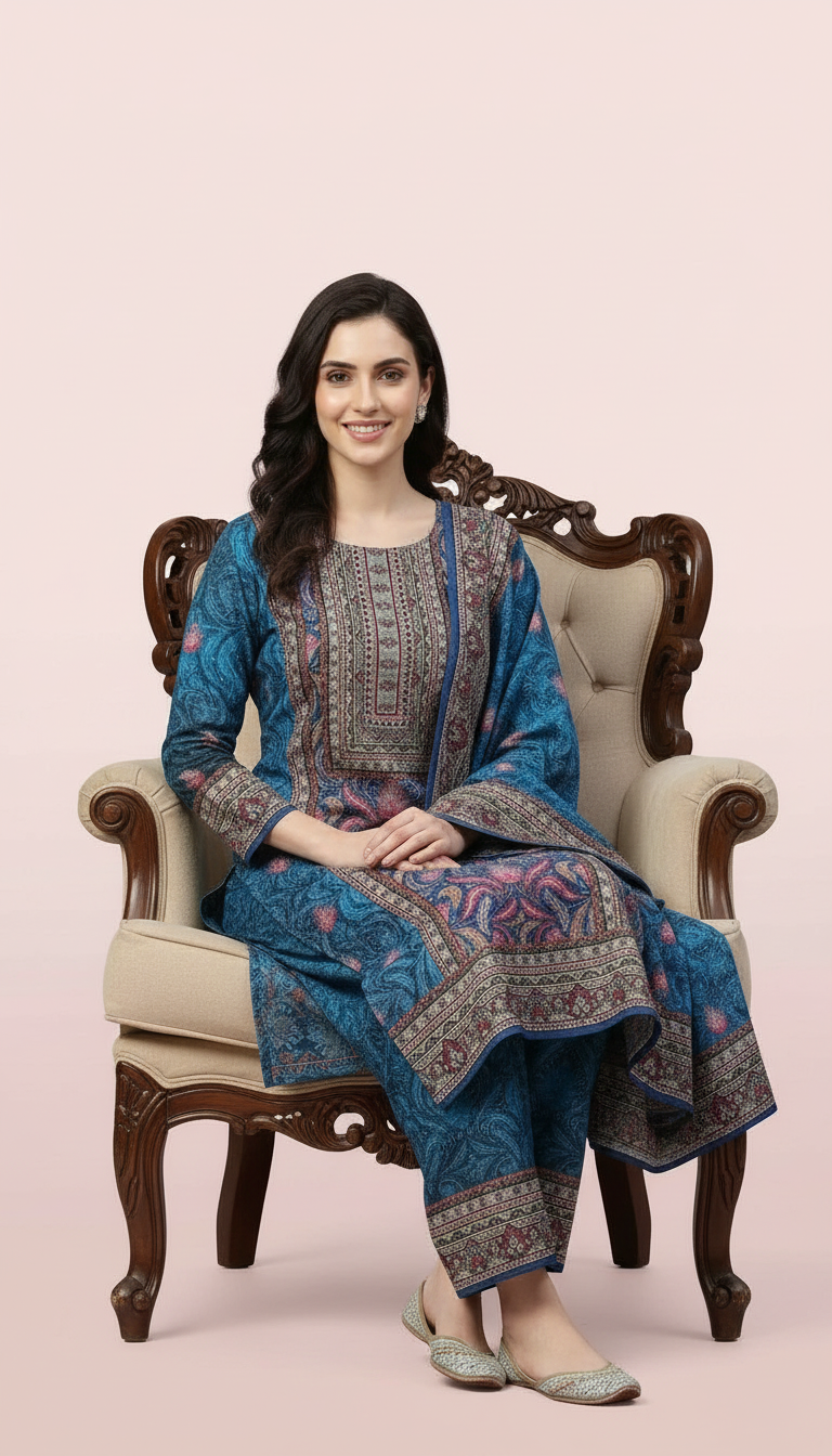 Pure Woolen Soft & Warm Printed Stylish Stitch Suit - Blue L / HC002611 view 8