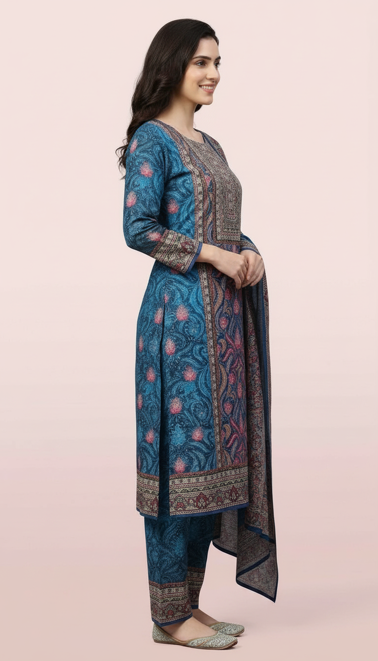 Pure Woolen Soft & Warm Printed Stylish Stitch Suit - Blue L / HC002611 view 4