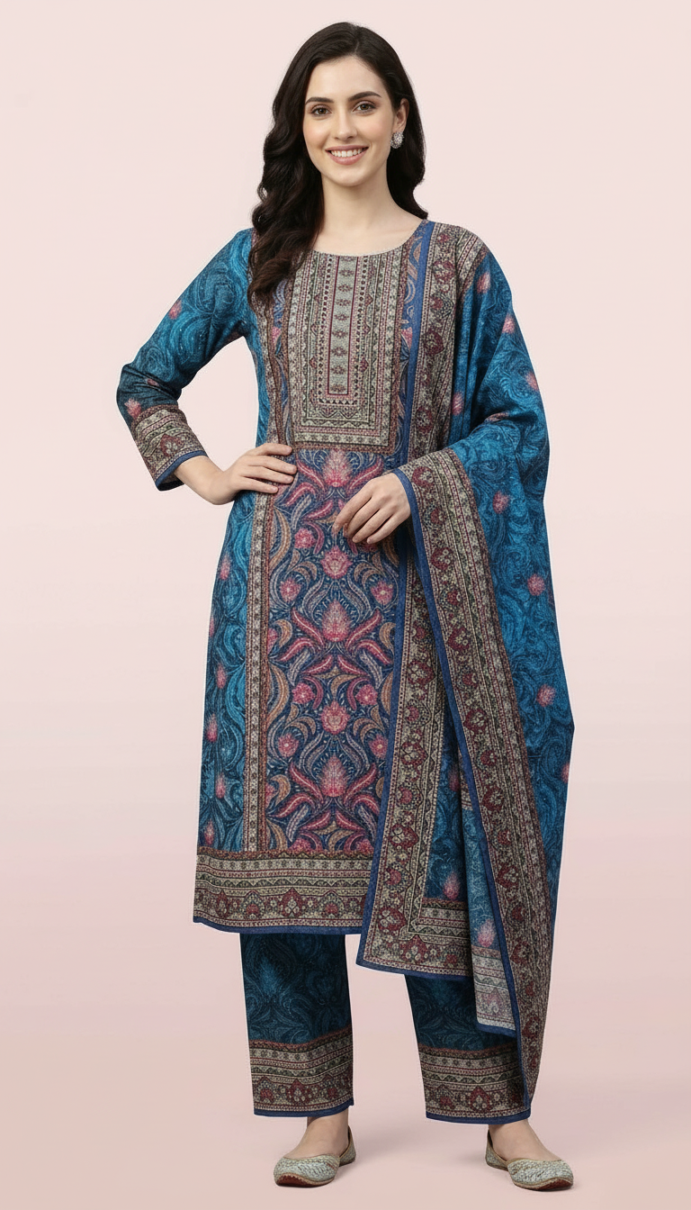 Pure Woolen Soft & Warm Printed Stylish Stitch Suit - Blue L / HC002611 view 7
