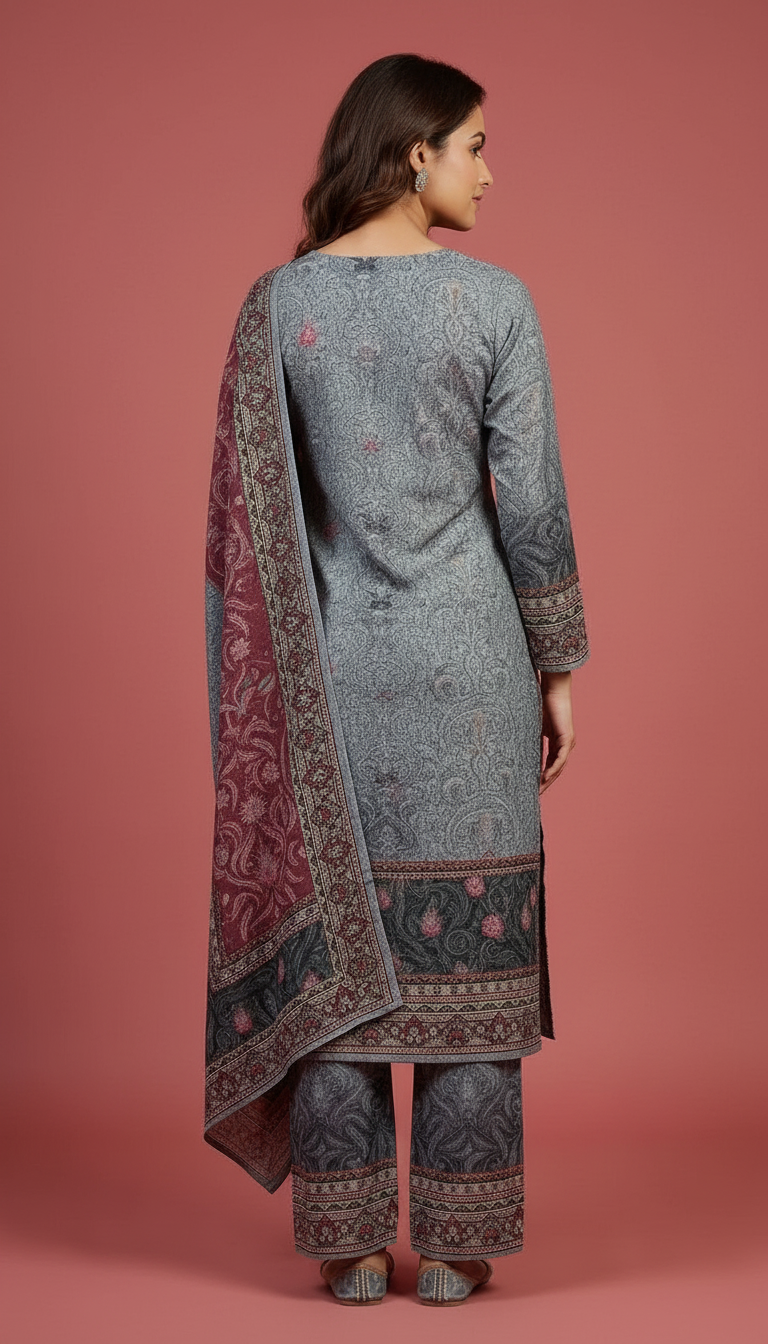 Pure Soft & Warm Woolen Printed Stylish Stitched Suit - Gry L / HC002611 view 5