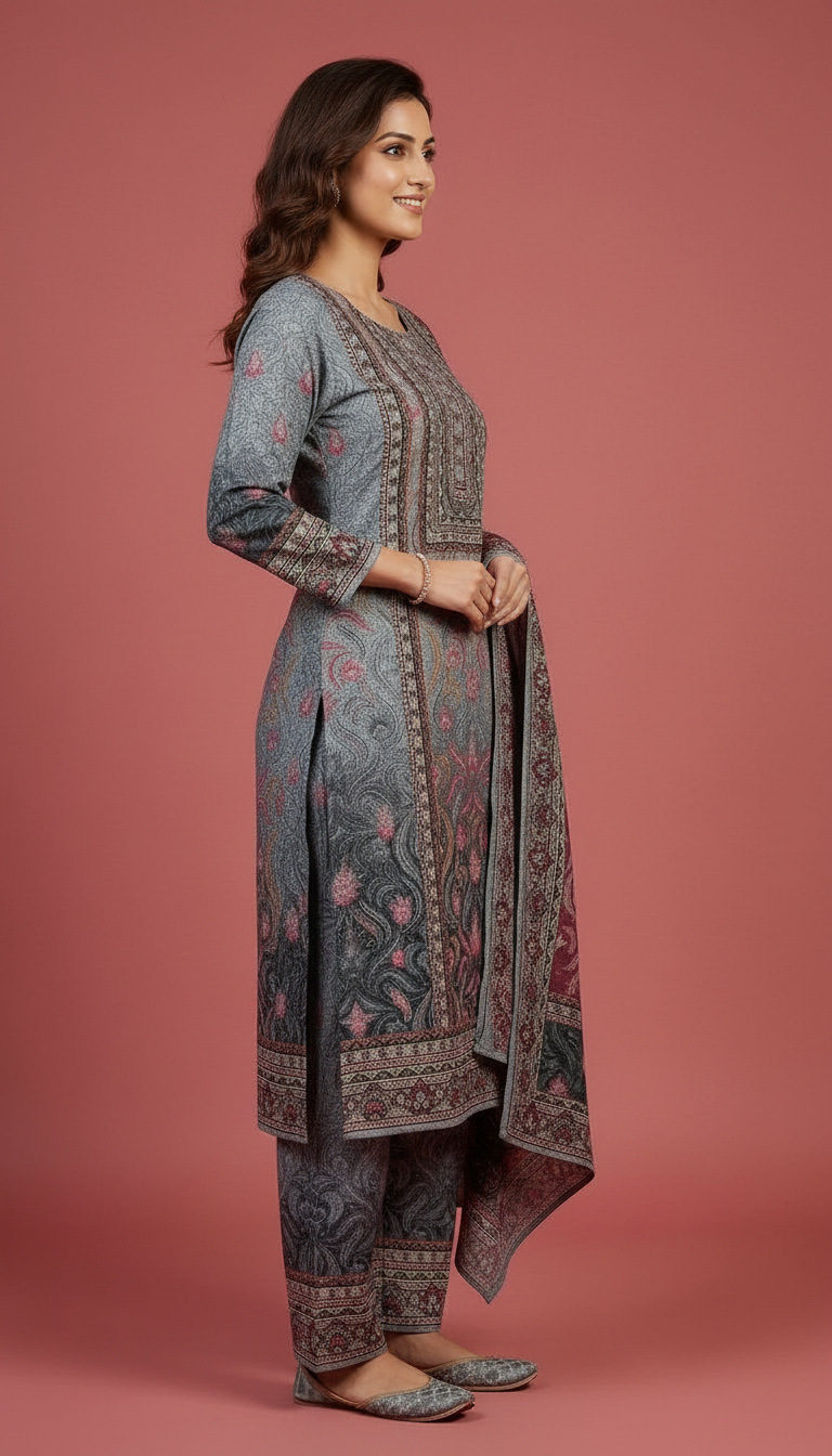 Pure Soft & Warm Woolen Printed Stylish Stitched Suit - Gry L / HC002611 view 4