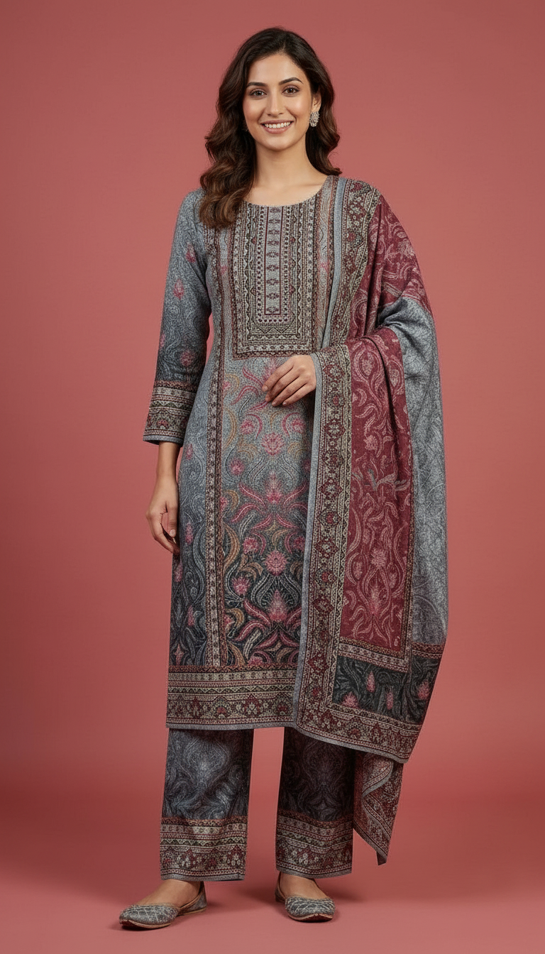Pure Soft & Warm Woolen Printed Stylish Stitched Suit - Gry L / HC002611 view 3