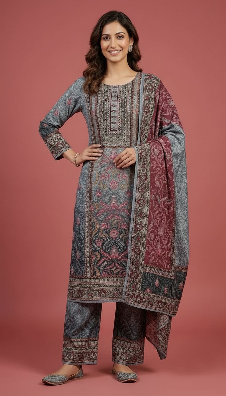 Pure Soft & Warm Woolen Printed Stylish Stitched Suit - Gry L / HC002611 view 7