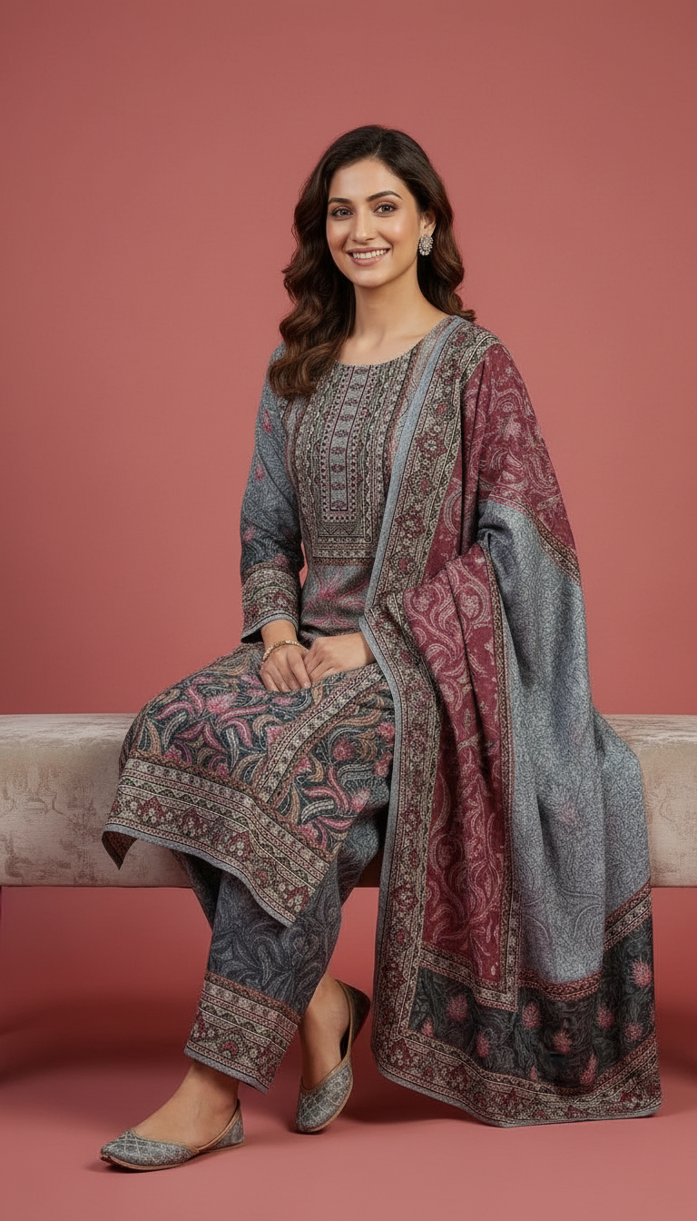 Pure Soft & Warm Woolen Printed Stylish Stitched Suit - Gry L / HC002611 view 8