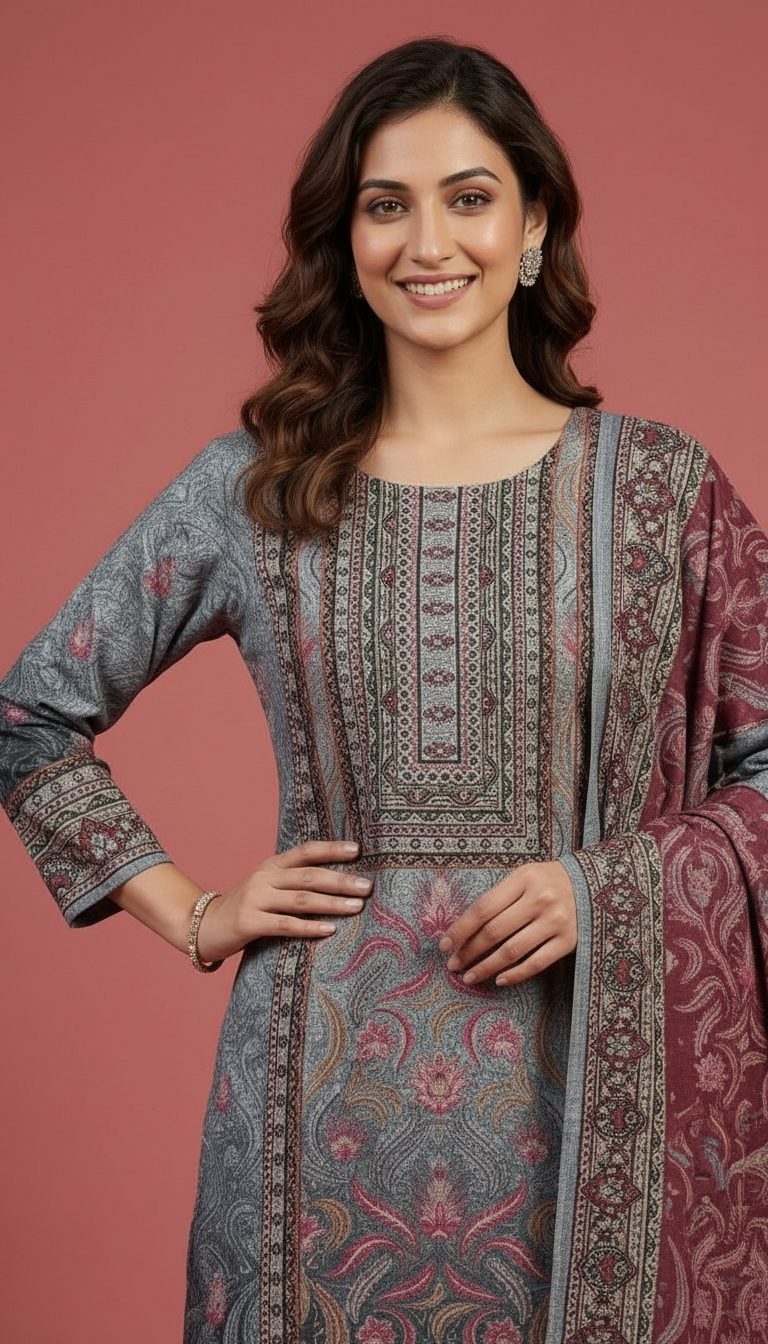 Pure Soft & Warm Woolen Printed Stylish Stitched Suit - Gry L / HC002611 view 6