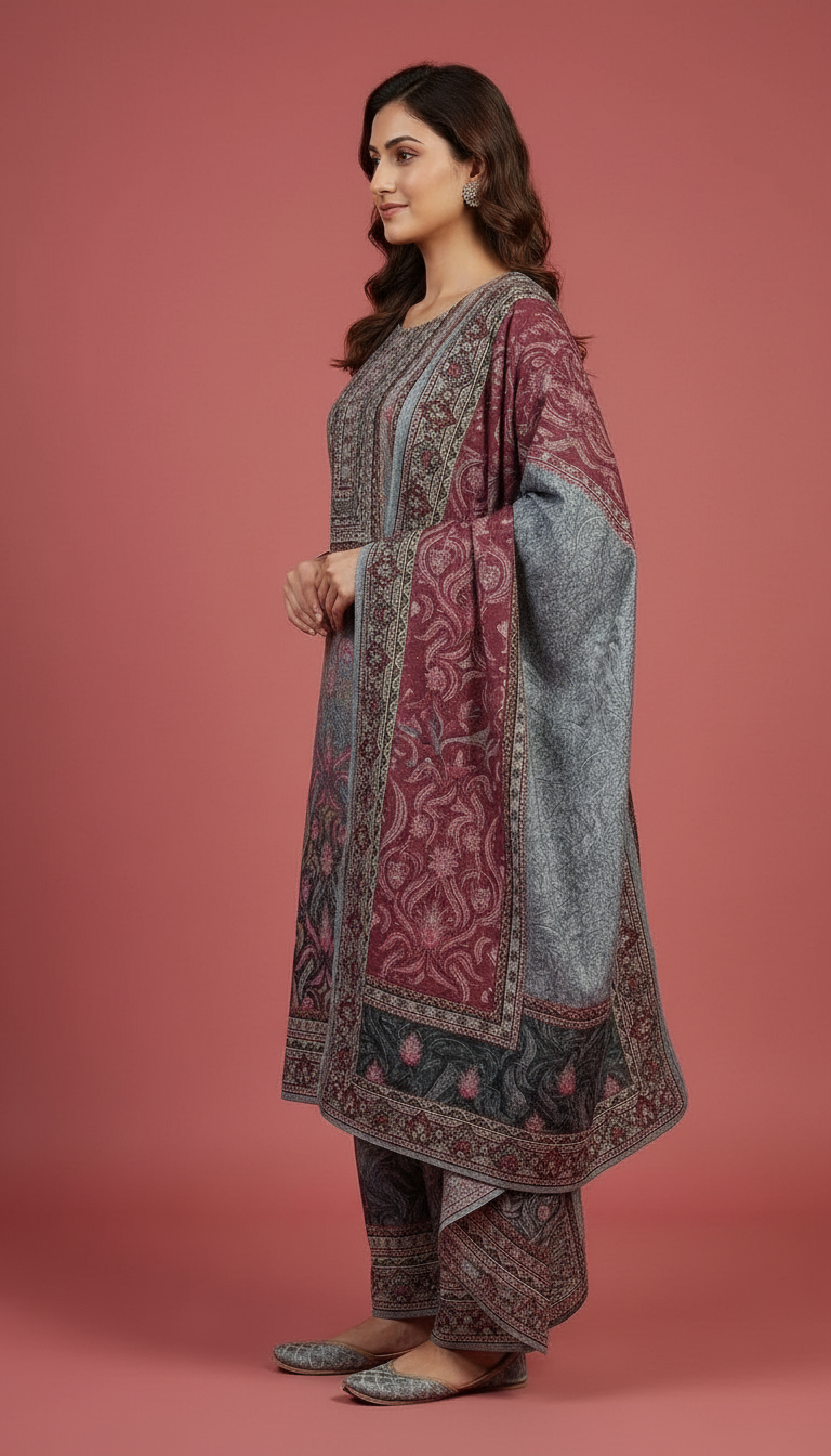 Pure Soft & Warm Woolen Printed Stylish Stitched Suit - Gry L / HC002611 view 2