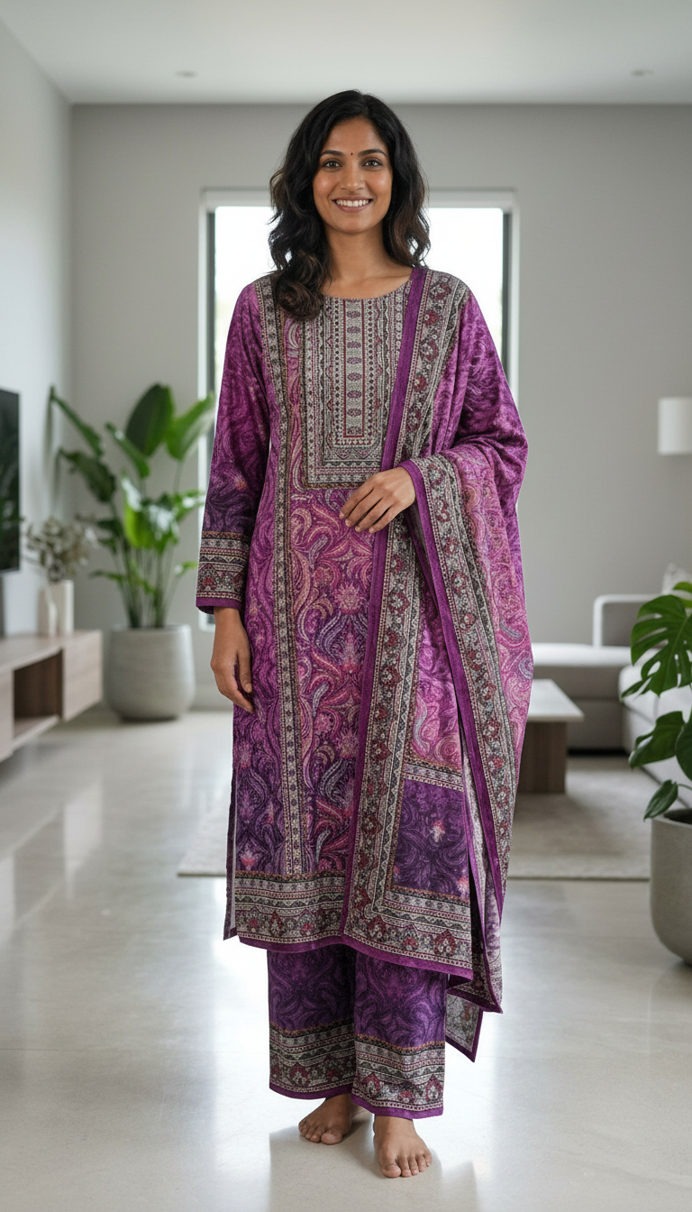 Pure Woolen Soft & Warm Printed Stylish Stitch Suit - Purple L / HC002611 view 6