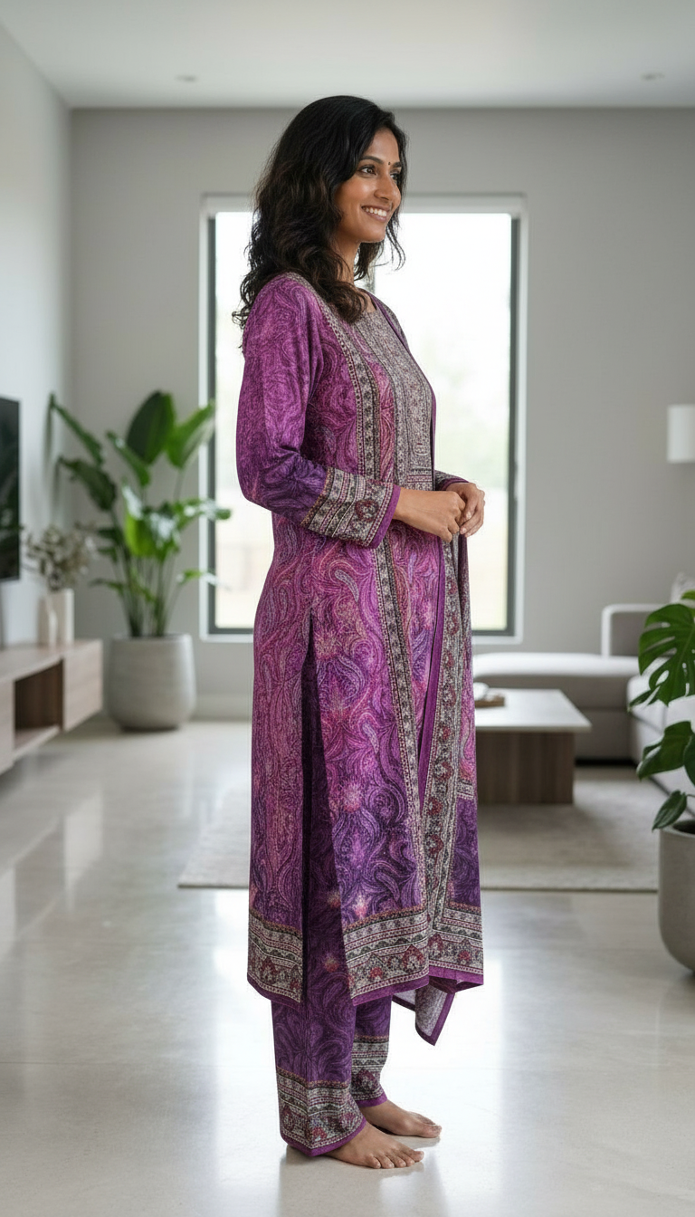 Pure Woolen Soft & Warm Printed Stylish Stitch Suit - Purple L / HC002611 view 3