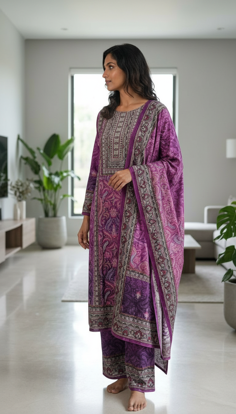 Pure Woolen Soft & Warm Printed Stylish Stitch Suit - Purple L / HC002611 view 2