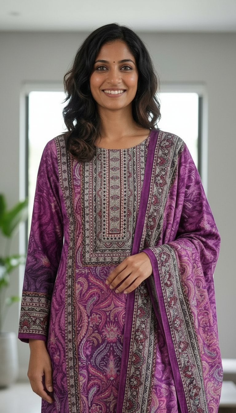 Pure Woolen Soft & Warm Printed Stylish Stitch Suit - Purple L / HC002611 view 4