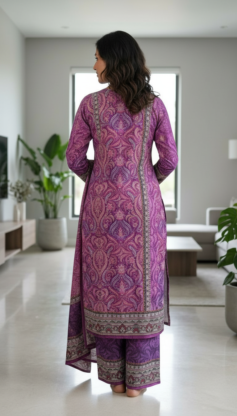 Pure Woolen Soft & Warm Printed Stylish Stitch Suit - Purple L / HC002611 view 5