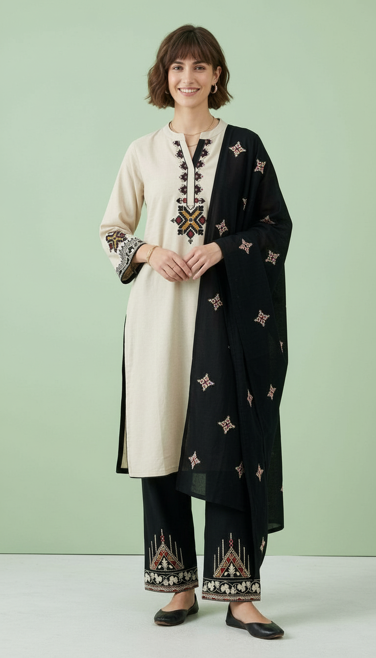 Parshmina Woolen Embroidered Kashmeri Work Stitched Suit - White & Black / HC0026 view 3