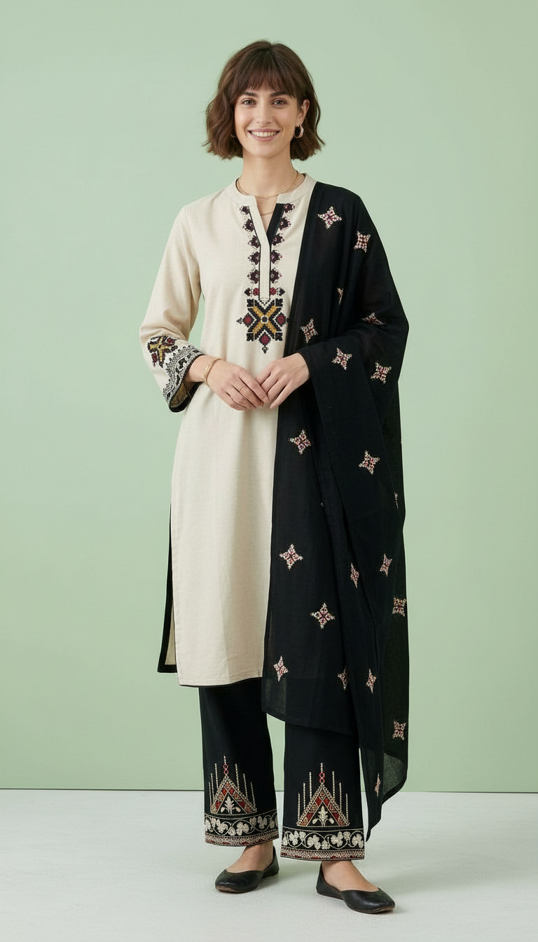 Parshmina Woolen Embroidered Kashmeri Work Stitched Suit - White & Black / HC0026 view 4
