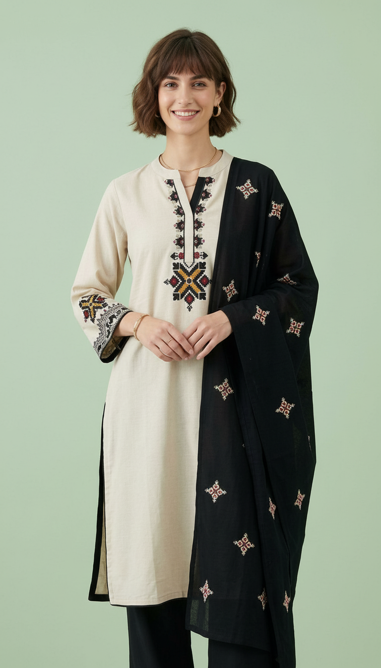 Parshmina Woolen Embroidered Kashmeri Work Stitched Suit - White & Black / HC0026 view 6