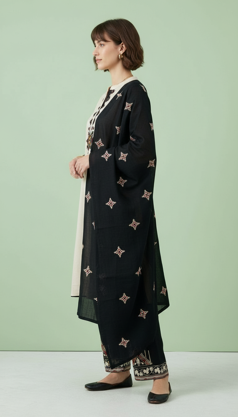Parshmina Woolen Embroidered Kashmeri Work Stitched Suit - White & Black / HC0026 view 2