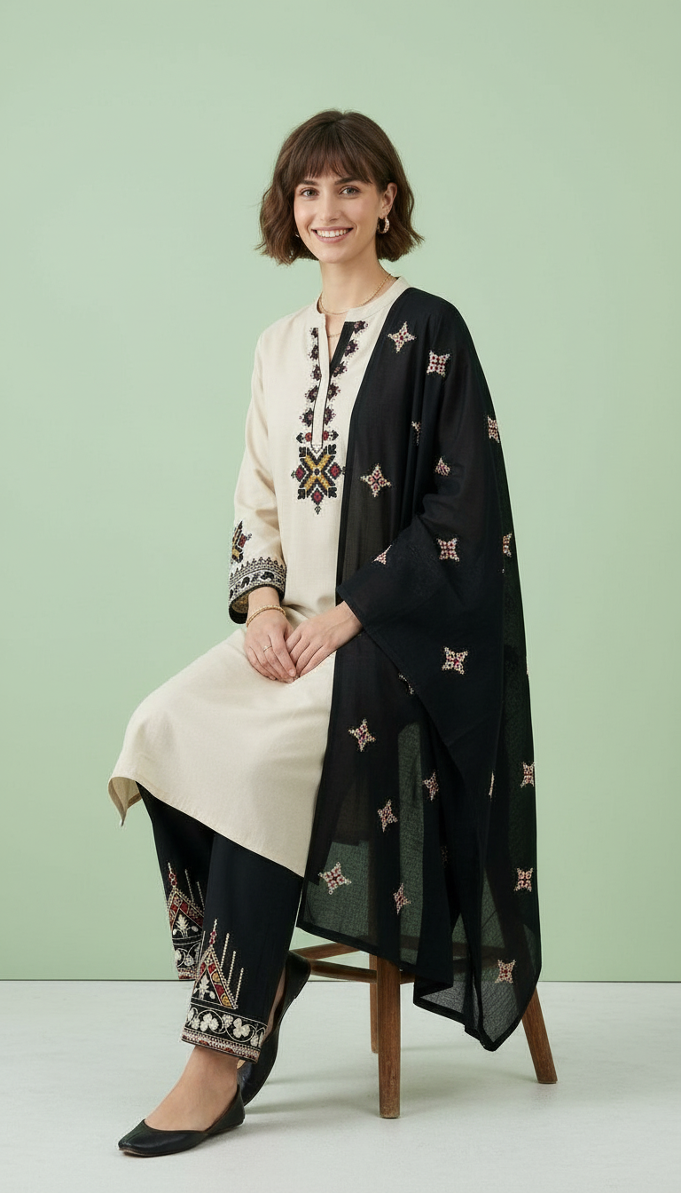 Parshmina Woolen Embroidered Kashmeri Work Stitched Suit - White & Black / HC0026 view 7