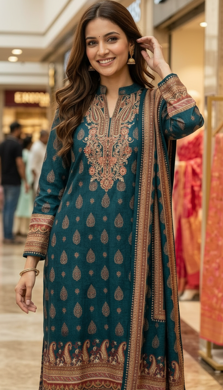 Pure Woolen Printed Designer Stitche Suit - Green / HC002610 view 6