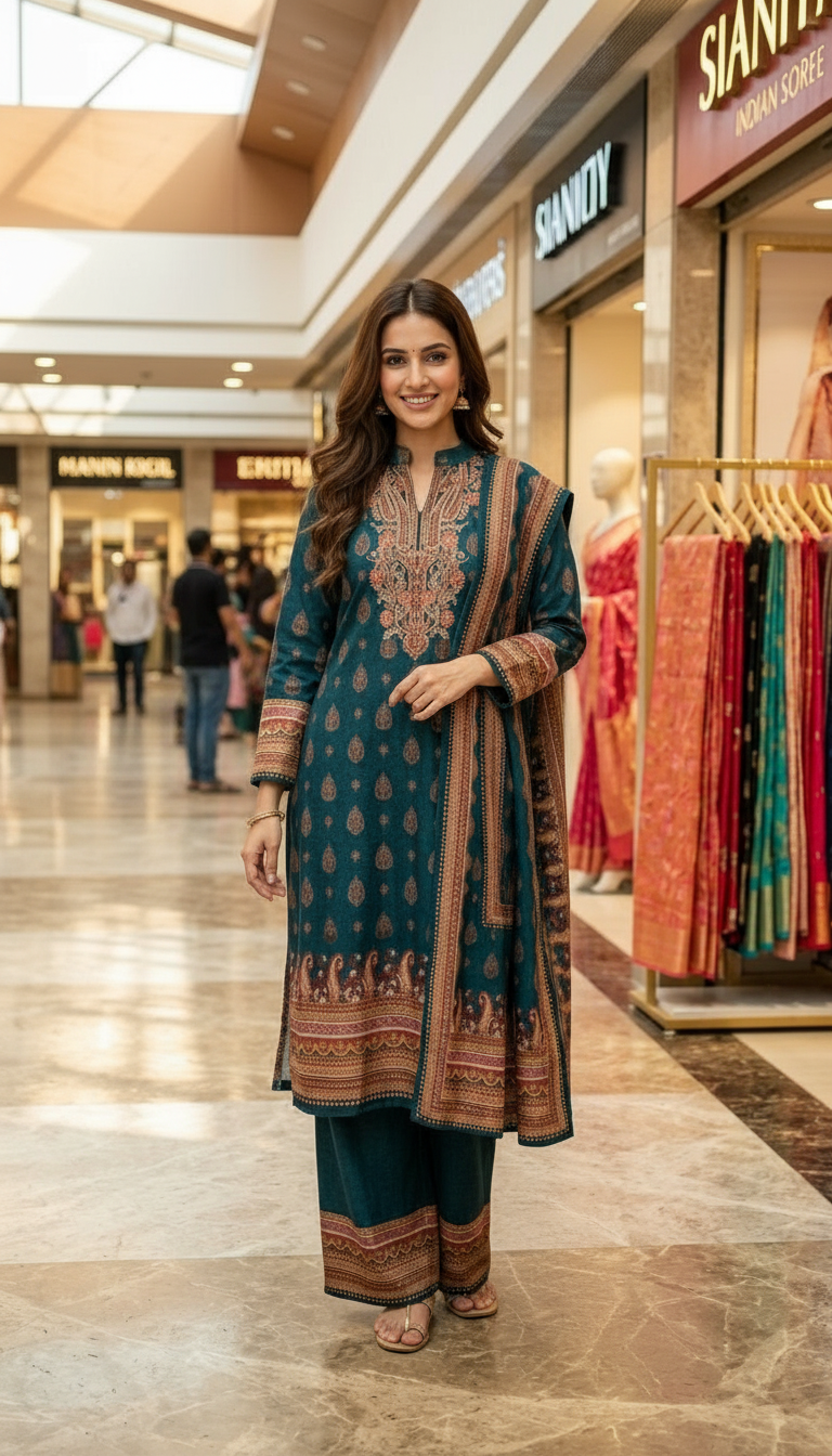 Pure Woolen Printed Designer Stitche Suit - Green / HC002610 view 3