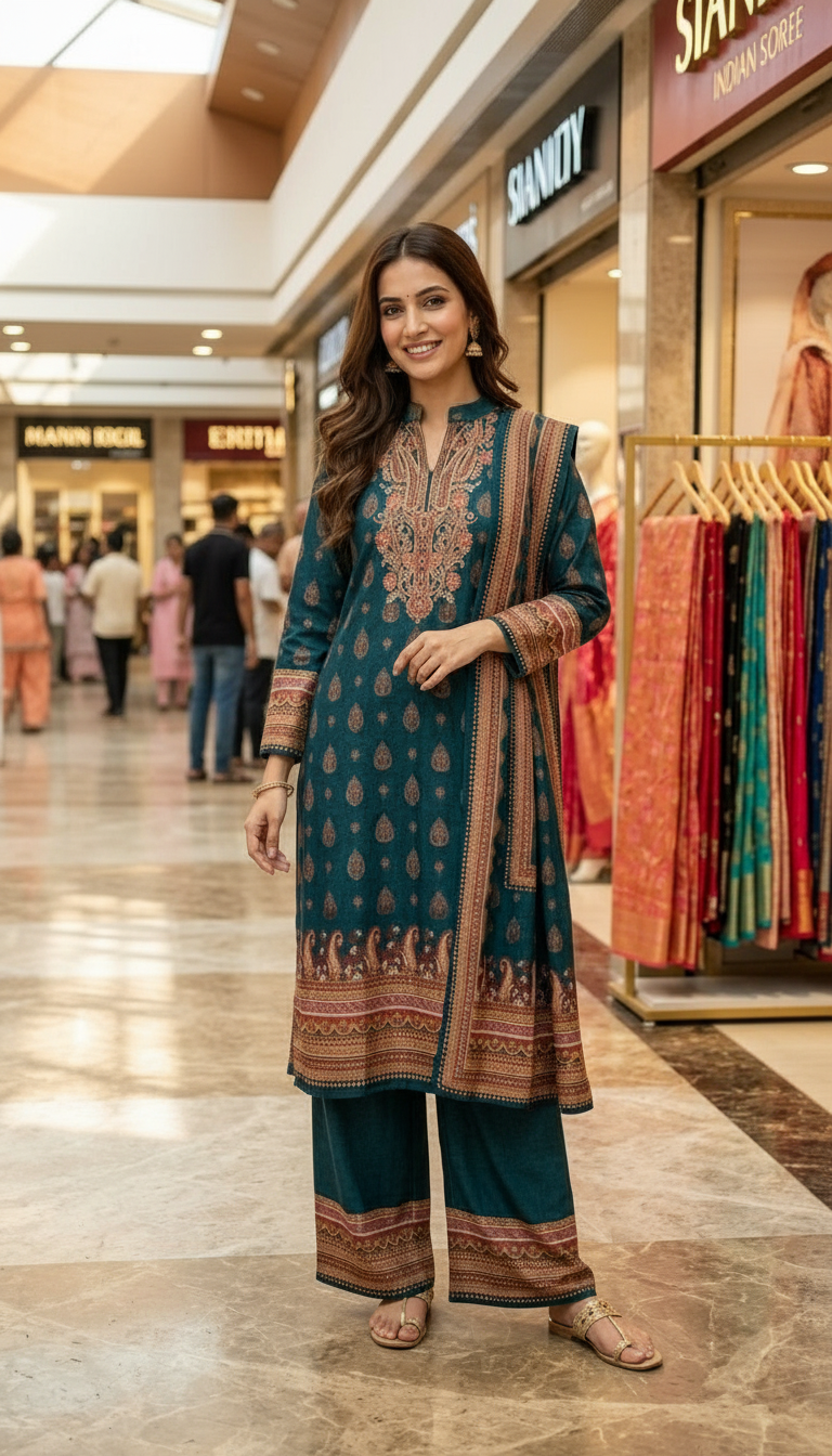 Pure Woolen Printed Designer Stitche Suit - Green / HC002610 view 7