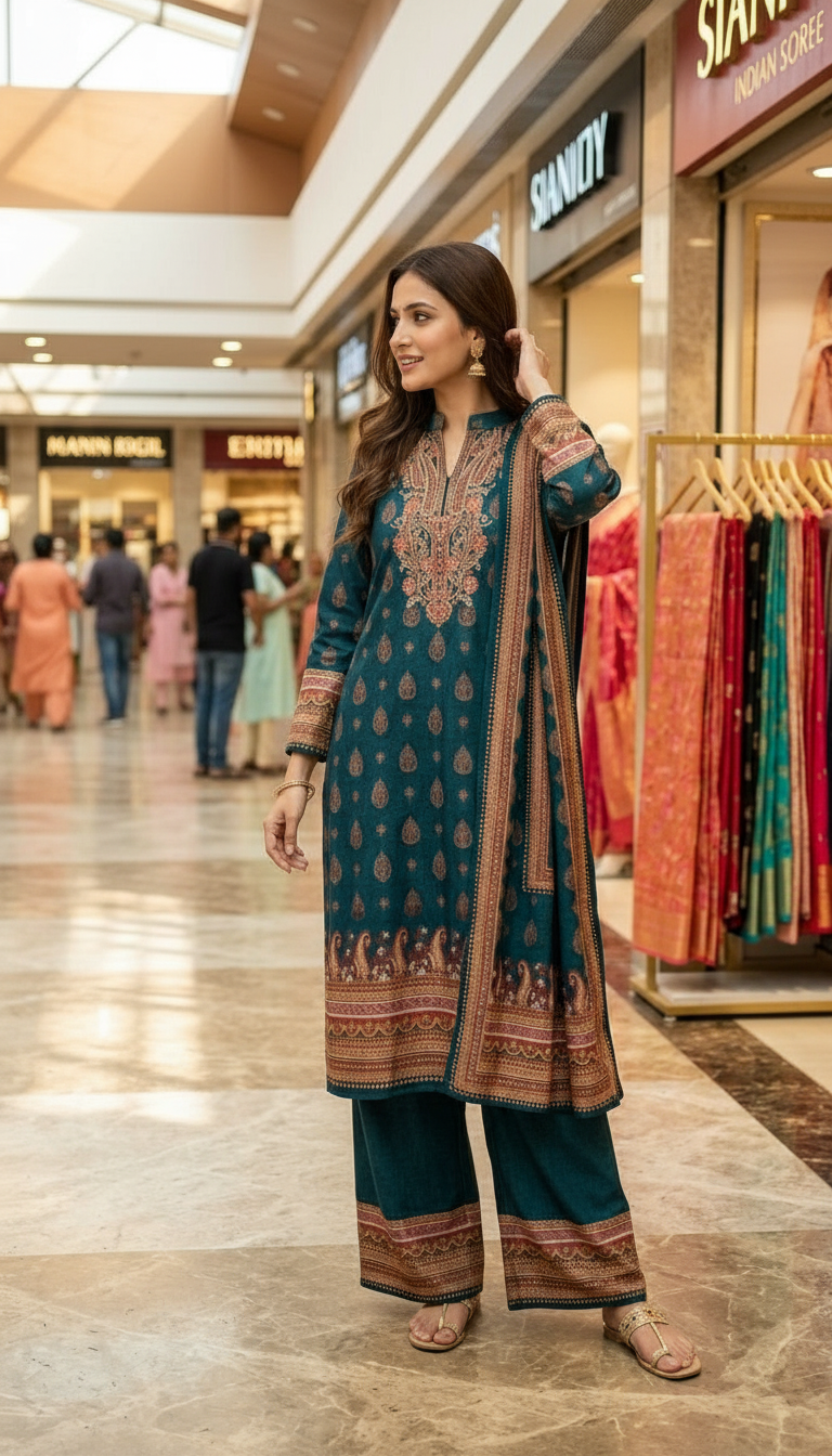 Pure Woolen Printed Designer Stitche Suit - Green / HC002610 view 2