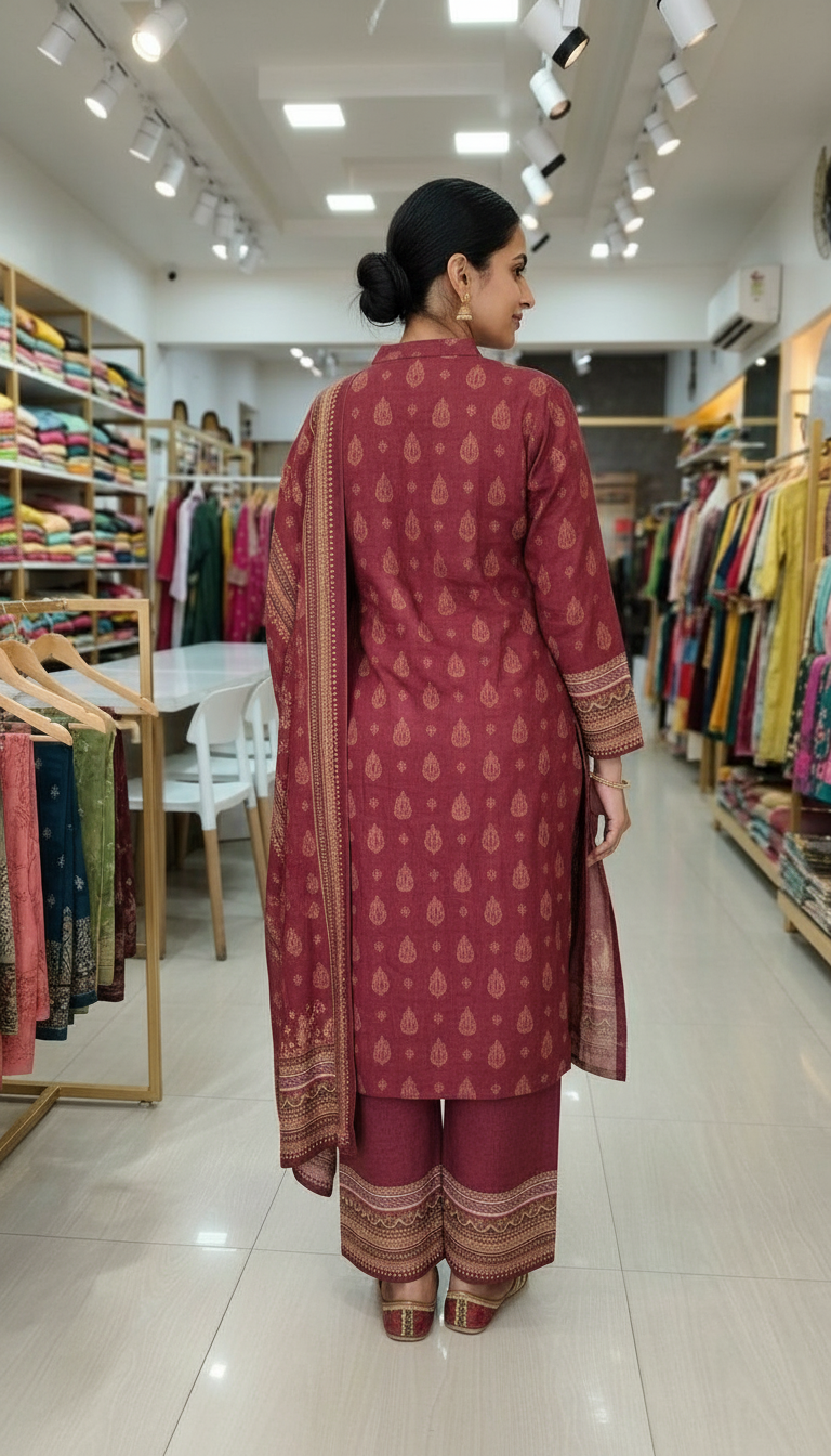 Pure Woolen Designer Printed Stylish Stitch Suit - Maroon / HC002610 view 3