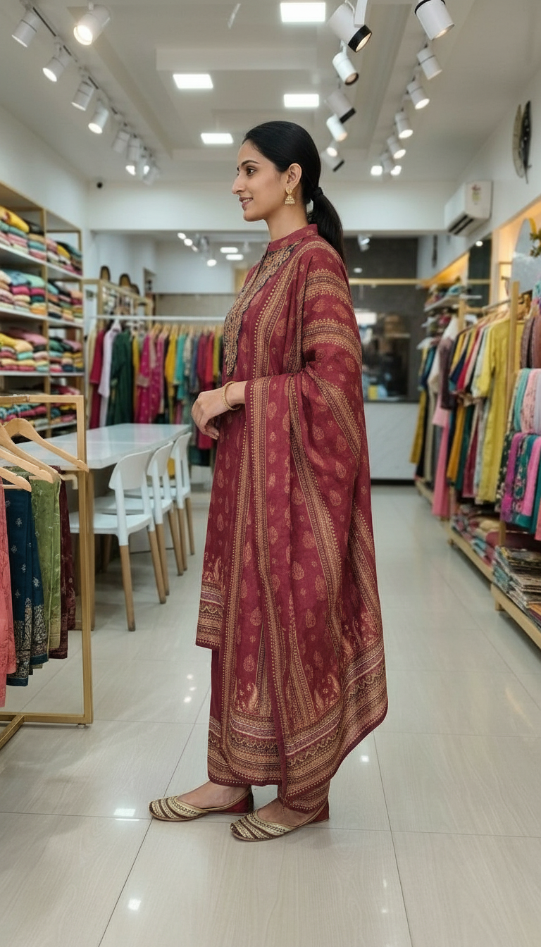 Pure Woolen Designer Printed Stylish Stitch Suit - Maroon / HC002610 view 2