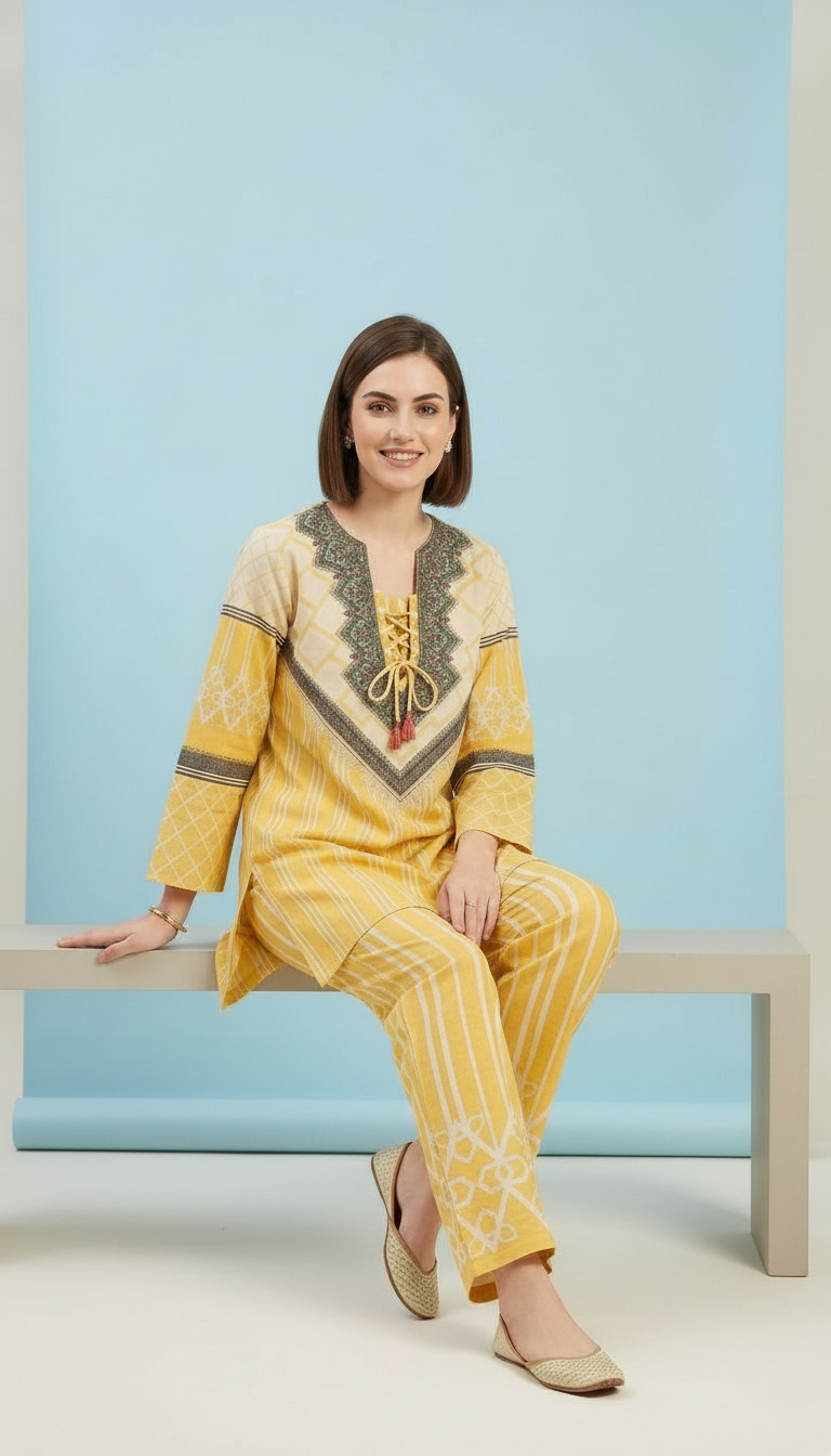 Pure Pashmina Jacquard Woolen Printed Cord Set Suit - Yellow / HC002614 view 8