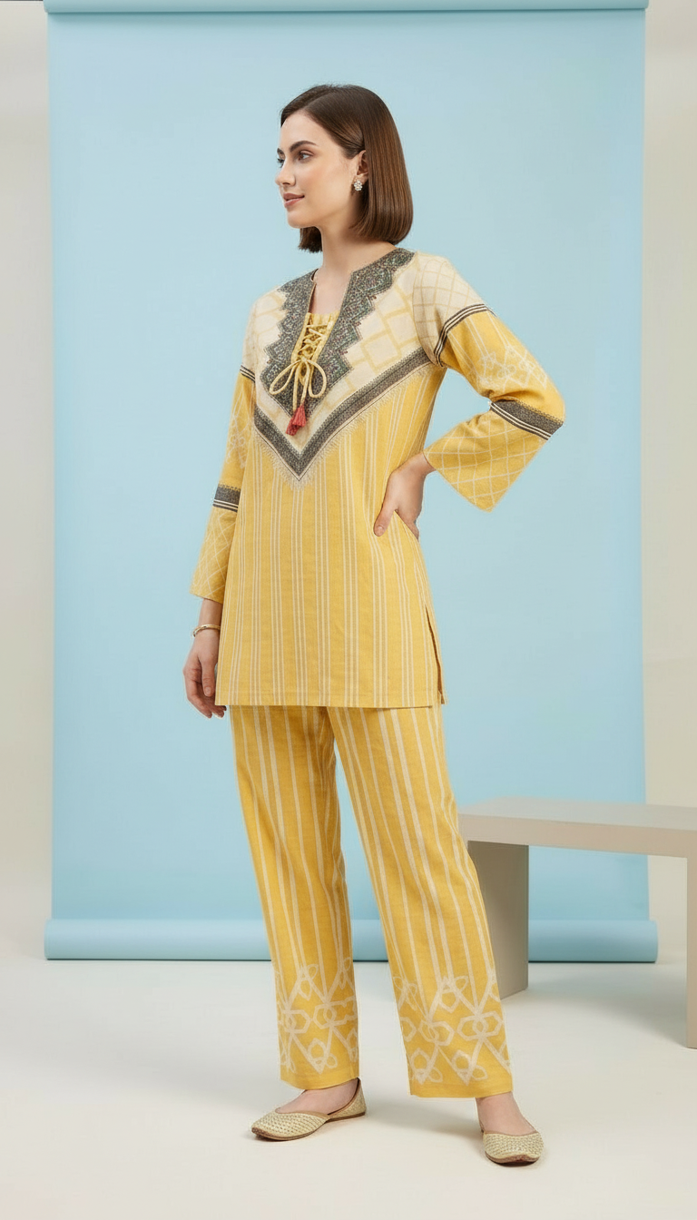 Pure Pashmina Jacquard Woolen Printed Cord Set Suit - Yellow / HC002614 view 2